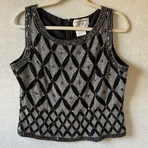 Papell Boutique Black and Silver Women's Top. Beaded. Size L.